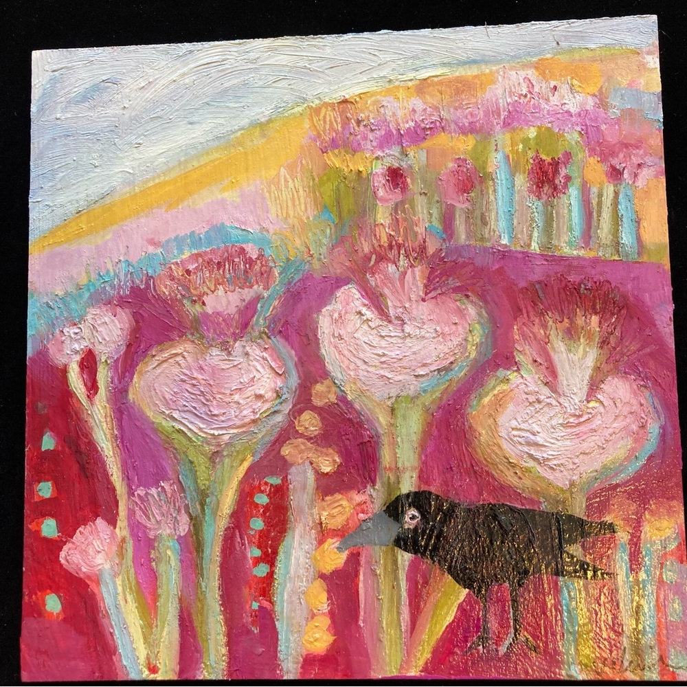 The Scarlet Forrest 2 ”An Original Oil Painting 12”x12 Crow on Birchwood - Picture 4 of 11